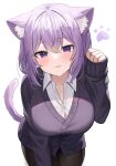  1girl absurdres animal_ears bangs black_pantyhose breasts brown_pants button_gap cat_ears cat_girl cat_tail highres hololive large_breasts looking_at_viewer nannung nekomata_okayu open_mouth pants pantyhose purple_hair purple_vest rice_porridge shirt short_hair sidelocks simple_background smile solo standing tail uniform vest violet_eyes virtual_youtuber white_background white_shirt 