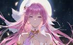  1girl bangs closed_mouth dress elf elysia_(herrscher_of_human:ego)_(honkai_impact) elysia_(honkai_impact) full_moon gloves honkai_(series) honkai_impact_3rd long_hair looking_at_viewer moon night night_sky outdoors pink_eyes pink_hair pointy_ears single_glove sky solo star_(sky) starry_sky strapless strapless_dress taichi_(yirkorn) upper_body veil white_dress white_gloves 