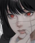  1girl bangs black_hair chainsaw_man close-up cross_scar highres long_hair looking_at_viewer red_eyes ringed_eyes scar scar_on_cheek scar_on_face simple_background sira_julyspring solo white_background yoru_(chainsaw_man) 