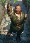  alley beard black_footwear boots cobblestone dwarf facial_hair falling_leaves gloves green_gloves green_shirt gwent_(game) highres leaf mohawk non-web_source realistic redhead shirt the_witcher_(series) zoltan zoltan_chivay 