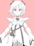  1girl asa_me_daiki bangs blunt_bangs bow bowtie cosplay_request danganronpa_(series) danganronpa_2:_goodbye_despair detached_sleeves dress galaga hair_bow hair_ornament heart highres light_smile multiple_hair_bows nanami_chiaki pink_background short_hair sketch solo spot_color upper_body 