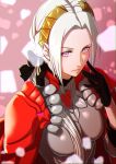  1girl aduti_momoyama armor black_bow black_gloves boobplate bow breasts cape chromatic_aberration closed_mouth edelgard_von_hresvelg fire_emblem fire_emblem:_three_houses fire_emblem_warriors:_three_hopes gloves gradient gradient_background hair_bow hair_intakes hand_up highres long_hair medium_breasts official_alternate_costume pink_eyes red_armor red_cape shoulder_armor solo turtleneck white_hair 