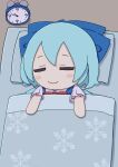  1girl absurdres alarm_clock bed_sheet blue_bow blue_dress blue_hair blush_stickers bow cirno clock closed_eyes closed_mouth dress fairy fumo_(doll) hair_between_eyes hair_bow highres ice ice_wings kame_(kamepan44231) pillow shirt short_hair short_sleeves sleeping smile snowflake_print solo touhou white_shirt wings 