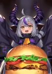  1girl absurdres ahoge braid burger cheese demon_horns fangs food grey_hair highres hololive horns la+_darknesss lettuce mk_(lazymk) multicolored_hair open_mouth orange_eyes pointy_ears purple_hair sleeves_past_wrists smile solo streaked_hair striped_horns tomato two-tone_hair upper_body virtual_youtuber wide_sleeves 