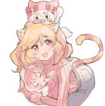  3girls :d aged_down animal_ears animal_hat ass baby bangs black_pants blonde_hair blue_eyes blush_stickers bow brown_eyes cat_ears cat_girl cat_tail closed_eyes fake_animal_ears fox_tail grey_hair hair_between_eyes hat hat_bow highres howan_(show_by_rock!!) leaning_forward long_hair looking_away looking_up mashima_himeko_(show_by_rock!!) multicolored_hair multiple_girls nyama on_head pacifier pants pink_hair pink_headwear pink_sweater red_bow ribbed_sweater ruhuyu_(show_by_rock!!) short_eyebrows show_by_rock!! side_ponytail simple_background smile striped_tail sweater tail thick_eyebrows thumb_sucking turtleneck turtleneck_sweater two-tone_hair v-shaped_eyebrows white_background 