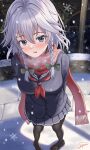  1girl artist_name blue_eyes blue_jacket blue_skirt bow braid breasts green_bow hair_bow hair_ornament izayoi_sakuya jacket neck_ribbon open_mouth red_scarf ribbon scarf school_uniform skirt snowflakes snowing solo touhou twin_braids white_hair winter_clothes yagamin258 