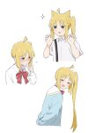  1girl :3 ahoge animal_ears arms_behind_back bangs blonde_hair blue_jacket blush bocchi_the_rock! bow bowtie cat_ears closed_eyes collared_shirt commentary cropped_torso flying_sweatdrops hand_on_own_cheek hand_on_own_face highres ijichi_nijika index_finger_raised jacket long_sleeves looking_back looking_to_the_side ookiiayu open_mouth paw_pose red_bow red_bowtie red_eyes school_uniform shirt short_sleeves side_ponytail sidelocks smile smug sparkle star_(symbol) white_shirt 