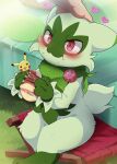  :3 blush dagasi eating floragato food grass headpat heart highres outdoors pikachu plate pokemon pokemon_(creature) red_eyes sitting table 
