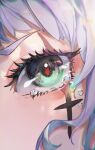  1girl absurdres arknights blue_eyes close-up crying crying_with_eyes_open facial_tattoo grey_hair highres irene_(arknights) long_hair looking_at_viewer miyano_haruto red_pupils scar scar_across_eye solo tattoo tears 