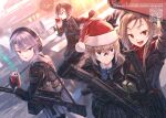  4girls acog assault_rifle bulletproof_vest can car cellphone dreadtie drinking_straw gloves ground_vehicle gun hat highres holding holding_glowstick holding_megaphone holding_phone jacket machine_gun megaphone motor_vehicle multiple_girls original phone rifle road santa_hat scarf school_uniform selfie smartphone soda_can tactical_clothes weapon 