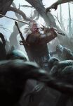  geralt_of_rivia gwent_(game) highres holding holding_sword holding_weapon long_hair monster non-web_source realistic sword the_witcher_(series) the_witcher_3 tree weapon white_eyes white_hair 