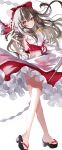  1girl bare_shoulders barefoot blush bow brown_eyes brown_hair closed_mouth detached_sleeves frilled_skirt frills full_body hair_between_eyes hair_bow hair_tubes hakurei_reimu highres japanese_clothes long_hair nontraditional_miko red_bow red_skirt ribbon-trimmed_sleeves ribbon_trim sakizaki_saki-p sidelocks simple_background skirt solo touhou twitter_username white_background white_sleeves wide_sleeves 