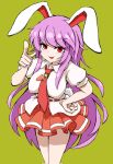  1girl :d animal_ears bangs barikin_tenshi breasts carrot_pin collared_shirt feet_out_of_frame hand_on_hip highres index_finger_raised large_breasts long_hair necktie open_mouth pleated_skirt purple_hair rabbit_ears rabbit_girl rabbit_tail red_eyes red_necktie red_skirt reisen_udongein_inaba shirt short_sleeves sidelocks simple_background skirt smile solo standing tail touhou white_shirt yellow_background 