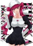  1girl animal_hat bangs bleach bm_0703 bunny_hat character_name closed_mouth collarbone cowboy_shot dokugamine_riruka english_text hat highres long_hair long_sleeves looking_at_viewer pink_eyes pink_hair sleeves_past_wrists smile twintails very_long_hair white_headwear 
