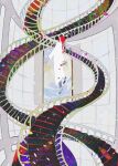  1girl braid braided_ponytail chainsaw_man dress floating floating_stairs highres makima_(chainsaw_man) medium_hair midair painting_(object) redhead sensui_n2 sidelocks solo spiral_staircase stairs white_dress white_theme window 