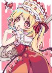  1girl :o argyle argyle_background arm_up bangs blonde_hair blush border bow cake finger_to_mouth flandre_scarlet food frilled_shirt_collar frills fruit furrowed_brow heart heart-shaped_pupils highres kyouda_suzuka nail_polish one_side_up open_mouth oversized_object pink_background puffy_short_sleeves puffy_sleeves red_bow red_eyes red_nails red_skirt short_hair_with_long_locks short_sleeves side_ponytail skirt solo spoon standing strawberry striped striped_bow symbol-shaped_pupils teeth touhou twitter_username upper_body upper_teeth whipped_cream wings 