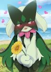  @_@ blue_sky blush clouds dagasi embarrassed flower grass heart highres holding holding_flower looking_to_the_side meowscarada nose_blush ocean outdoors pokemon pokemon_(creature) red_eyes sky smile standing 