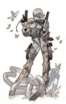  absurdres bodysuit butterfly chaps dual_wielding gloves gun highres holster konami masao_tsubasa metal_gear metal_gear_acid monochrome official_art pistol short_hair solo teliko_friedman trigger_discipline weapon 