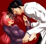  1boy 1girl black_hair blush borrowed_character breasts chocolate chocolate_heart crying crying_with_eyes_open forehead-to-forehead heart large_breasts long_hair mouth_hold original redhead shirt sweatdrop sweater tears turtleneck valentine wrist_grab yellow_eyes 