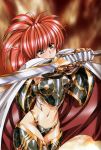  armor armpits brown_eyes cape gauntlets highres red_hair sword urushihara_satoshi weapon 