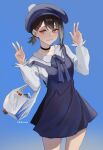  1girl absurdres bag bangs beret beruko14 black_choker black_hair blue_background blue_dress blue_ribbon blue_theme blush chainsaw_man choker double_v dress frilled_sleeves frills grocery_bag hair_ornament hairclip hat higashiyama_kobeni highres looking_at_viewer mole mole_under_eye mole_under_mouth nervous_smile pinafore_dress ribbon shopping_bag short_hair short_ponytail simple_background single_sidelock smile solo sweat twitter_username v 