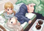  2girls asymmetrical_bangs bangs bed blanket bowl braid braided_bangs commentary_request cover cover_page eye_contact grey_hair hand_on_own_cheek hand_on_own_face head_rest highres hisakawa_nagi idolmaster idolmaster_cinderella_girls indoors light_brown_hair looking_at_another lying morikubo_nono multiple_girls on_bed on_side on_stomach pajamas print_pajamas shisui_(5830217) smile tray 