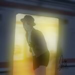 brown_coat brown_hat detective_outfit fedora looking_at_viewer night train_station