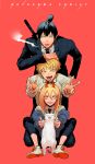  1girl 2boys akiharu_(nanjaaaaa) animal black_hair black_jacket black_necktie blonde_hair blue_eyes blue_jacket cat chainsaw_man cigarette cross-shaped_pupils denji_(chainsaw_man) double_v formal hair_between_eyes hayakawa_aki highres holding holding_animal holding_cat horns jacket jacket_partially_removed katana kneeling leaning_on_person long_hair looking_at_viewer meowy_(chainsaw_man) multiple_boys necktie open_mouth power_(chainsaw_man) red_background red_horns sharp_teeth shirt short_hair simple_background sitting smile smoke smoking suit sword symbol-shaped_pupils teeth tongue tongue_out topknot v weapon weapon_on_back white_shirt yellow_eyes 