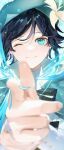  1boy aqua_headwear black_hair blurry blurry_foreground closed_mouth dekitateomoti depth_of_field flower genshin_impact hair_between_eyes hat hat_flower highres long_sleeves looking_at_viewer male_focus one_eye_closed otoko_no_ko pointing pointing_at_viewer shiny shiny_hair smile solo venti_(genshin_impact) yellow_flower 