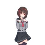  black_socks bob_cut brown_hair eriko_(princess_connect!) necktie official_art princess_connect! red_necktie red_ribbon ribbon school_uniform skirt socks thigh-highs transparent_background 