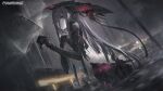  1girl artist_request black_hair clouds cloudy_sky hair_over_eyes highres lamia_(punishing:_gray_raven) long_hair looking_up mechanical_arms ocean punishing:_gray_raven rain red_eyes sky umbrella very_long_hair 