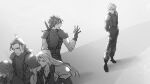  5boys angeal_hewley armor bangs belt black_jacket buster_sword chest_strap closed_eyes cloud_strife crisis_core_final_fantasy_vii final_fantasy final_fantasy_vii full_body genesis_rhapsodos gloves greyscale highres jacket knee_pads long_hair looking_at_another looking_back male_focus medium_hair monochrome multiple_belts multiple_boys open_mouth parted_bangs scarf sephiroth shio_ga short_hair shoulder_armor sleeveless sleeveless_turtleneck sleeves_rolled_up smile spiky_hair standing suspenders toned toned_male turtleneck upper_body walking weapon weapon_on_back zack_fair 