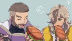  2boys arven_(pokemon) beard book bread brown_hair closed_eyes coat commentary_request eating facial_hair father_and_son feeding food grey_background holding holding_book holding_food lettuce long_hair lower_teeth male_focus multiple_boys open_mouth pokemon pokemon_(game) pokemon_sv rem_sora410 sandwich short_hair teeth tomato tomato_slice tongue turo_(pokemon) undercut upper_body vest yellow_vest 