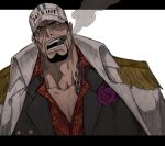  1boy beard black_hair black_jacket cigar coat coat_on_shoulders collarbone facial_hair flower hat highres hyt397 jacket looking_at_viewer male_focus mouth_hold neck_tattoo one_piece partially_unbuttoned red_shirt sakazuki_(akainu) scar scar_on_face shirt short_hair smoking solo tattoo teeth_hold upper_body white_background white_coat white_headwear 