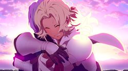  2girls armor blonde_hair catherine_(fire_emblem) clouds cloudy_sky fire_emblem fire_emblem:_three_houses gloves highres hug multiple_girls non-web_source pauldrons shoulder_armor sky tan vambraces 