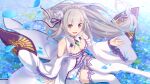  dress emilia_(re:zero) long_hair official_art princess_connect! re:zero_kara_hajimeru_isekai_seikatsu sitting thigh-highs violet_eyes white_dress white_hair 