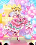  1girl blonde_hair dress flower fresh_precure! full_body hair_flower hair_ornament heart high_heels highres layered_dress momozono_love official_art open_mouth pink_dress pink_eyes pink_footwear precure precure_connection_puzzlun short_twintails smile solo third-party_source twintails 