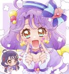  1girl ahoge aqua_eyes blush bow bow_earrings brown_eyes choker commentary_request cure_coral earrings facial_mark fingerless_gloves gloves hair_ornament hairclip hat heart heart_facial_mark jewelry magical_girl multicolored_eyes nakatsu_(pr_nagom) open_mouth precure purple_choker purple_hair sailor_hat smile solo suzumura_sango thick_eyelashes tropical-rouge!_precure twintails white_gloves 