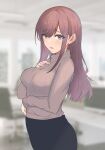  1girl 3walktoriatama bangs blurry blurry_background blush breasts brown_hair brown_sweater from_side hand_on_own_chest highres large_breasts looking_at_viewer mole mole_under_eye original ribbed_sweater solo sweater swept_bangs turtleneck turtleneck_sweater violet_eyes 