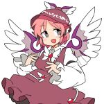  1girl animal_ears bird_ears bird_wings blush brown_dress brown_headwear dress earrings fang frilled_dress frilled_sleeves frills grey_eyes hat ini_(inunabe00) jewelry long_sleeves mystia_lorelei open_mouth pink_hair short_hair simple_background single_earring skin_fang smile solo touhou upper_body white_background white_wings winged_hat wings 