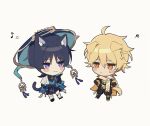  2boys aether_(genshin_impact) ahoge animal_ear_fluff animal_ears arm_armor baggy_pants bangs belt black_belt black_bow black_footwear black_gloves black_hair black_pants black_shirt black_shorts blonde_hair blue_gemstone blue_headwear blue_vest blunt_ends blush boots bow braid cat_ears cat_tail chibi closed_mouth crystal dog_ears dog_tail earrings full_body gem genshin_impact gloves hair_between_eyes half-closed_eyes hand_on_own_face hand_up hands_up hat jewelry jingasa leaf long_hair looking_at_another male_focus mandarin_collar multiple_boys musical_note nuk0ji open_clothes open_vest orange_eyes pants parted_bangs pom_pom_(clothes) purple_belt sandals scaramouche_(genshin_impact) scarf shirt short_hair short_sleeves shorts simple_background single_earring sleeveless sleeveless_shirt smile smug socks standing star_(symbol) sweat sweatdrop tail two-tone_vest v-shaped_eyebrows vest violet_eyes vision_(genshin_impact) wanderer_(genshin_impact) white_background white_scarf white_socks white_vest 