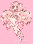  1girl boots brooch choker cone_hair_bun cure_precious delicious_party_precure earrings full_body gloves hair_bun heart_brooch highres huge_bow jewelry long_hair magical_girl open_mouth pink_background pink_choker pink_hair pink_theme precure solo two_side_up white_gloves yufu_kyouko 