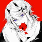 1boy bishounen blue_eyes eyeshadow flower hair_flower hair_ornament highres horns looking_at_viewer makeup male_focus monochrome partially_colored red_background red_eyeliner red_eyeshadow red_flower solo virtual_youtuber whale_taylor xxjjww5 