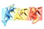  :d border bright_pupils brown_eyes commentary_request flareon highres jolteon ka_ei_volltis looking_at_viewer open_mouth pokemon pokemon_(creature) shiny shiny_skin smile vaporeon white_border white_pupils 