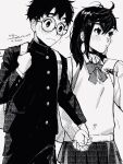  1boy 1girl ayase_momo backpack bag black_choker black_hair black_jacket blush choker dandadan earrings greyscale highres holding holding_bag holding_hands jacket jewelry looking_at_another medium_hair monochrome rakikoko ribbon short_hair simple_background sweater_vest takakura_ken_(dandadan) white_background 