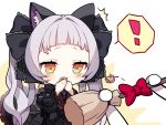  ! 1girl absurdres animal_ears bangs black_dress blush bow broom cat_ears chibi dress frilled_ribbon frilled_sleeves frills grey_hair hair_ribbon hand_to_own_mouth highres holding holding_broom hololive long_hair long_sleeves misyune murasaki_shion open_mouth orange_eyes red_bow ribbon simple_background solo_focus spoken_exclamation_mark twintails virtual_youtuber wide_sleeves 