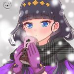  1girl bangs black_hair blue_eyes blunt_bangs blush breath commentary_request delicious_party_precure gloves kasai_amane long_hair moro_precure parted_lips precure purple_gloves scarf soda solo sparkle_hair_ornament winter 