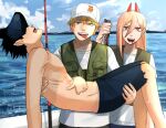 1girl 2boys animal beam_(chainsaw_man) blood blood_on_face blue_sky boat carrying chainsaw_man clouds cross-shaped_pupils denji_(chainsaw_man) fish fishing fishing_rod hair_between_eyes hat holding holding_animal holding_fish horns long_hair looking_at_viewer multiple_boys open_mouth pochita_(chainsaw_man) power_(chainsaw_man) princess_carry red_horns sealc4nfly sharp_teeth shirt short_hair shorts sky symbol-shaped_pupils teeth topless_male torn_clothes vest water watercraft white_shirt yellow_eyes 