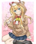  1girl abukuma_(kancolle) animal_hood bell black_footwear blonde_hair blue_eyes blue_skirt brown_sweater commentary_request drawstring gakky hood hooded_sweater hoodie kantai_collection long_hair official_alternate_costume one-hour_drawing_challenge pleated_skirt red_ribbon reindeer_hood ribbon sitting skirt smile solo sweater waving 