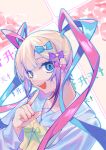  1girl bangs blonde_hair blue_bow blue_eyes blue_hair blue_nails blue_shirt bow chouzetsusaikawa_tenshi-chan finger_to_mouth hair_bow holographic_clothing long_hair long_sleeves looking_at_viewer mlrcyc multicolored_hair multicolored_nails needy_girl_overdose open_mouth pink_bow pink_hair pink_nails purple_bow quad_tails sailor_collar school_uniform serafuku shirt smile solo twintails upper_body very_long_hair yellow_bow 